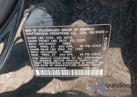 2021 Volkswagen Atlas 3.6L V6 Se W/Technology R-Line из США, поврежденный, VIN 1V2PR2CA4MC526235